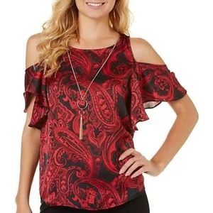 A. Byer Red & Black Paisley Pattern Open Shoulder Blouse